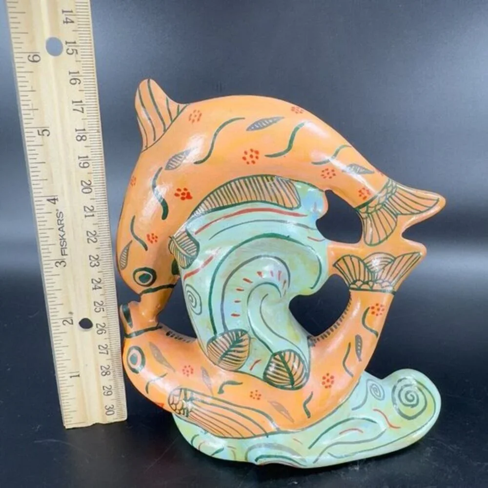 Mexico Folk Art Pottery Tonala Ceramics Orange Dolphins‎ Fish On Wave Painted